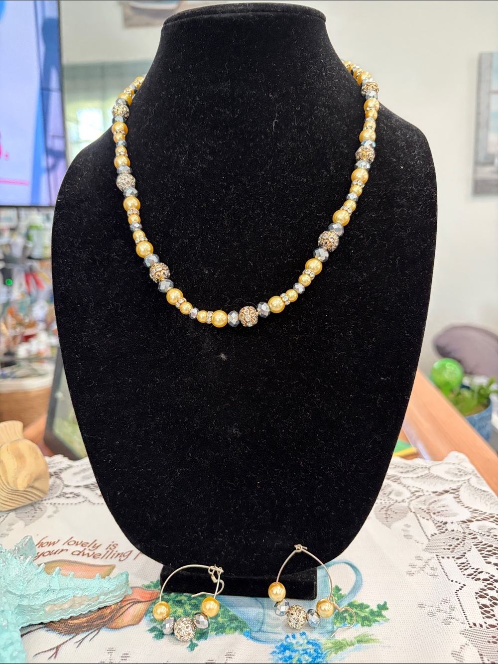 Gold Bead and Crystal Accent Necklace with Matching Hoops - Gold